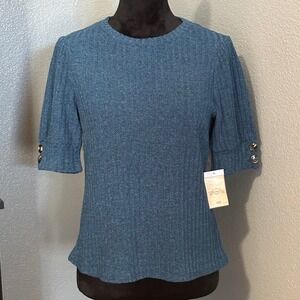 PerSeption Ribbed Knit Top Petite Medium Blue Button On Sleeve Stretch NWT